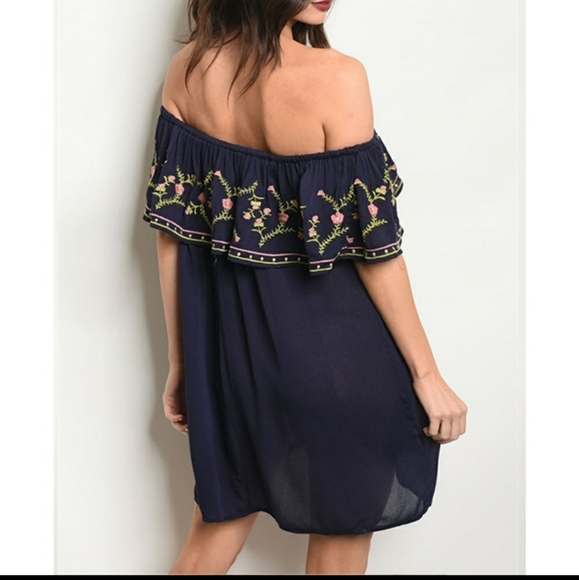 NAVY OFF SHOULDER TUNIC DRESS - Picture 2 of 3